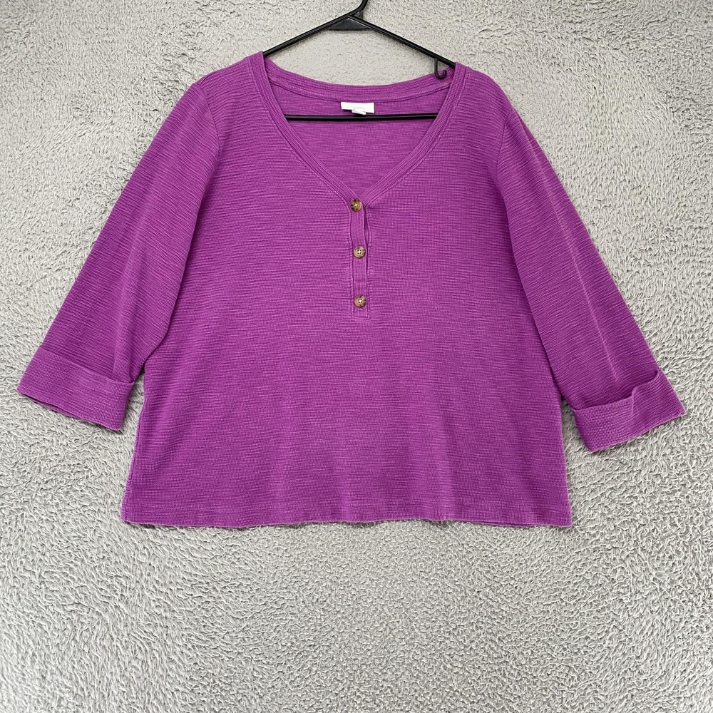 J. Jill Henley Top Womens Large Purple 100% Cotton 3/4 Sleeve Jersey Relaxed Fit